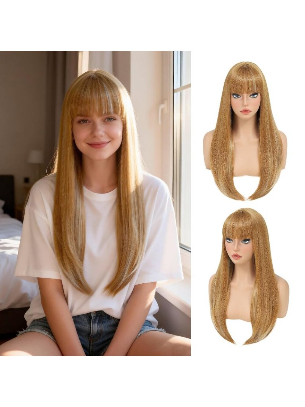 Women's Honey Blonde 24 Inch Heat Resistant Synthetic Long Straight Bangs Wig